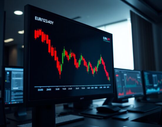 EUR/JPY candlestick chart showing bearish trend below 184.00 on trading screen