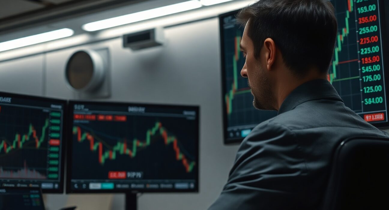 Trader analyzing EUR/JPY chart showing decline below 185.00 level on multiple monitors