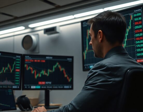 Trader analyzing EUR/JPY chart showing decline below 185.00 level on multiple monitors