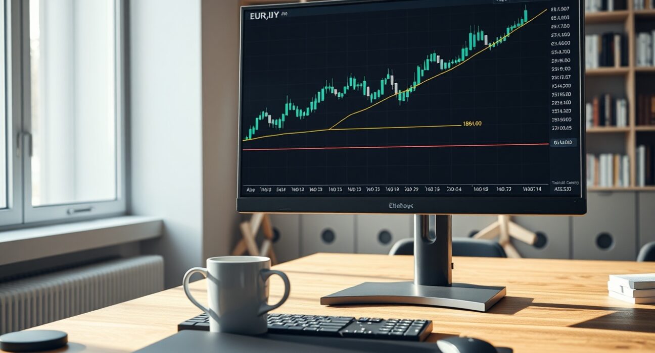 EUR/JPY candlestick chart on a trading monitor showing an upward trend toward the 186.00 resistance level in a professional analyst workspace.