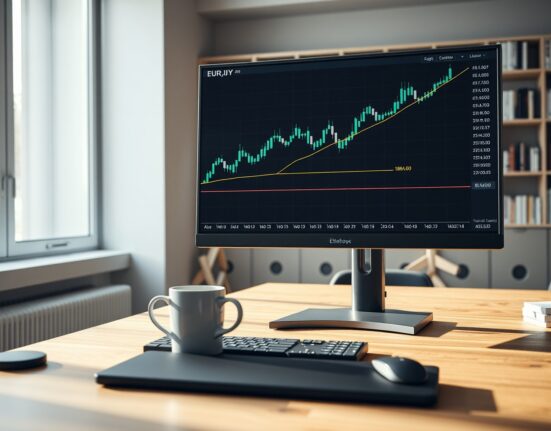 EUR/JPY candlestick chart on a trading monitor showing an upward trend toward the 186.00 resistance level in a professional analyst workspace.