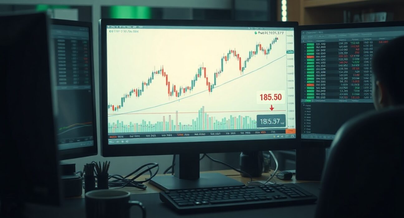 EUR/JPY forex chart showing bullish trend above 185.50 on a trading desk monitor