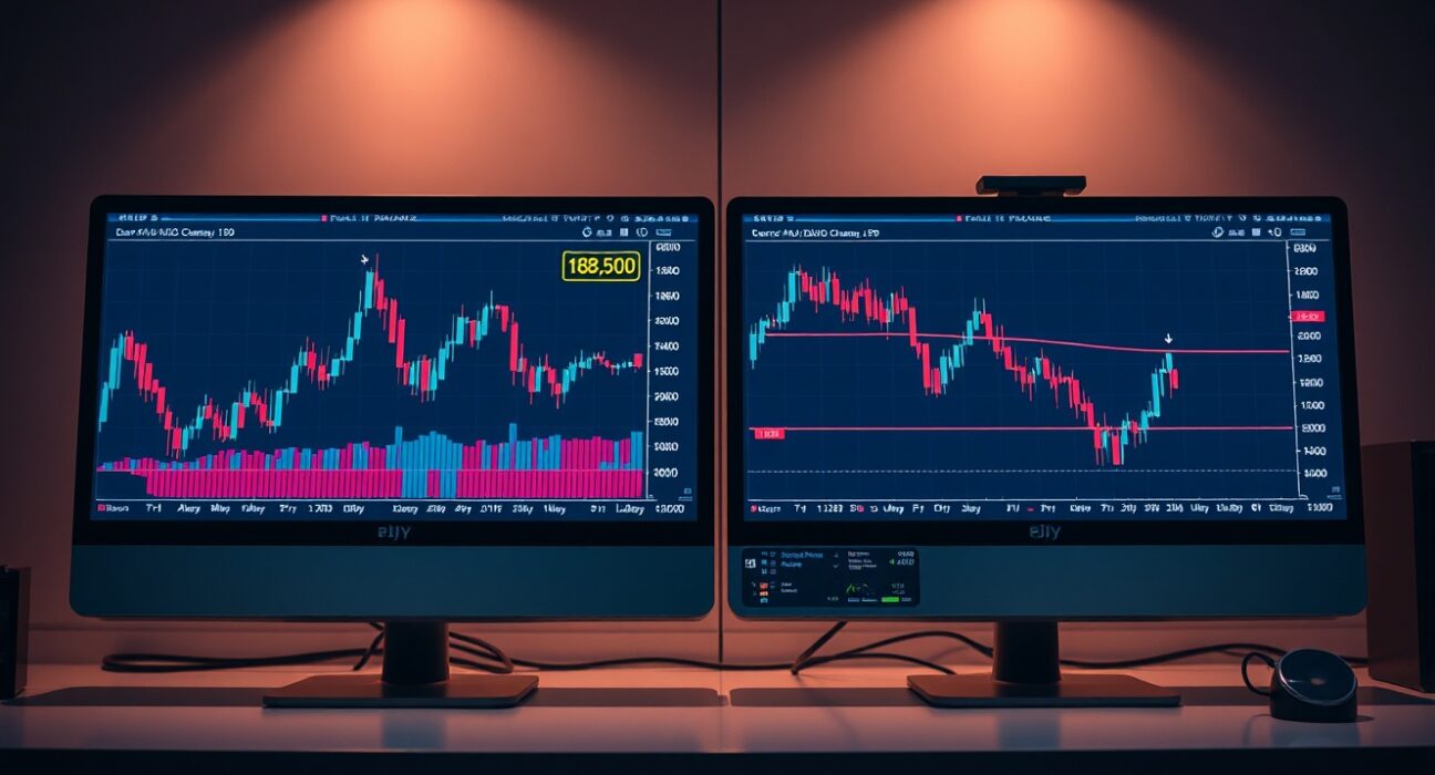 Forex trading monitors showing EUR/JPY candlestick chart with descending channel pattern near 185.00 level