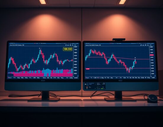Forex trading monitors showing EUR/JPY candlestick chart with descending channel pattern near 185.00 level