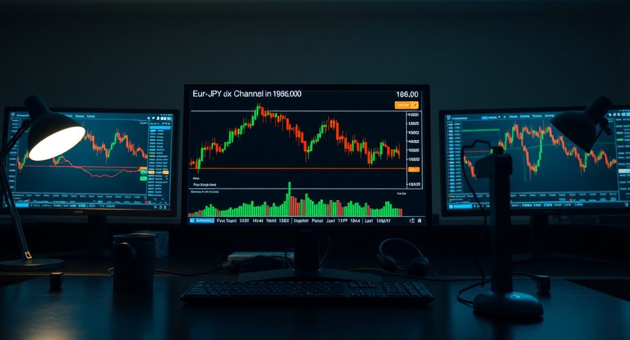 Forex trading monitors displaying EUR/JPY chart with descending channel pattern near 186.00
