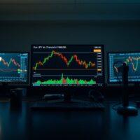 Forex trading monitors displaying EUR/JPY chart with descending channel pattern near 186.00