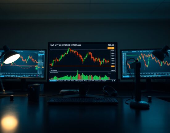 Forex trading monitors displaying EUR/JPY chart with descending channel pattern near 186.00