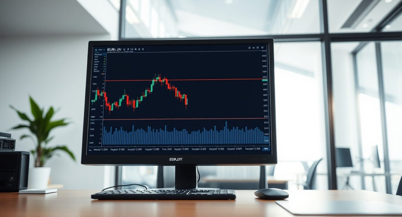 EUR/JPY technical analysis chart showing price near the 50-day Exponential Moving Average on a trading desk monitor.