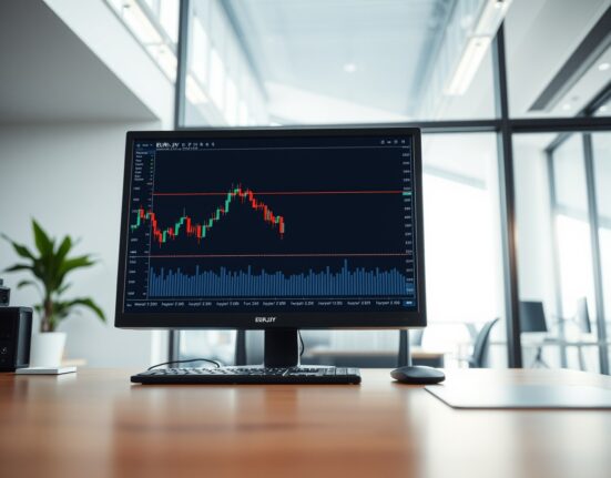 EUR/JPY technical analysis chart showing price near the 50-day Exponential Moving Average on a trading desk monitor.