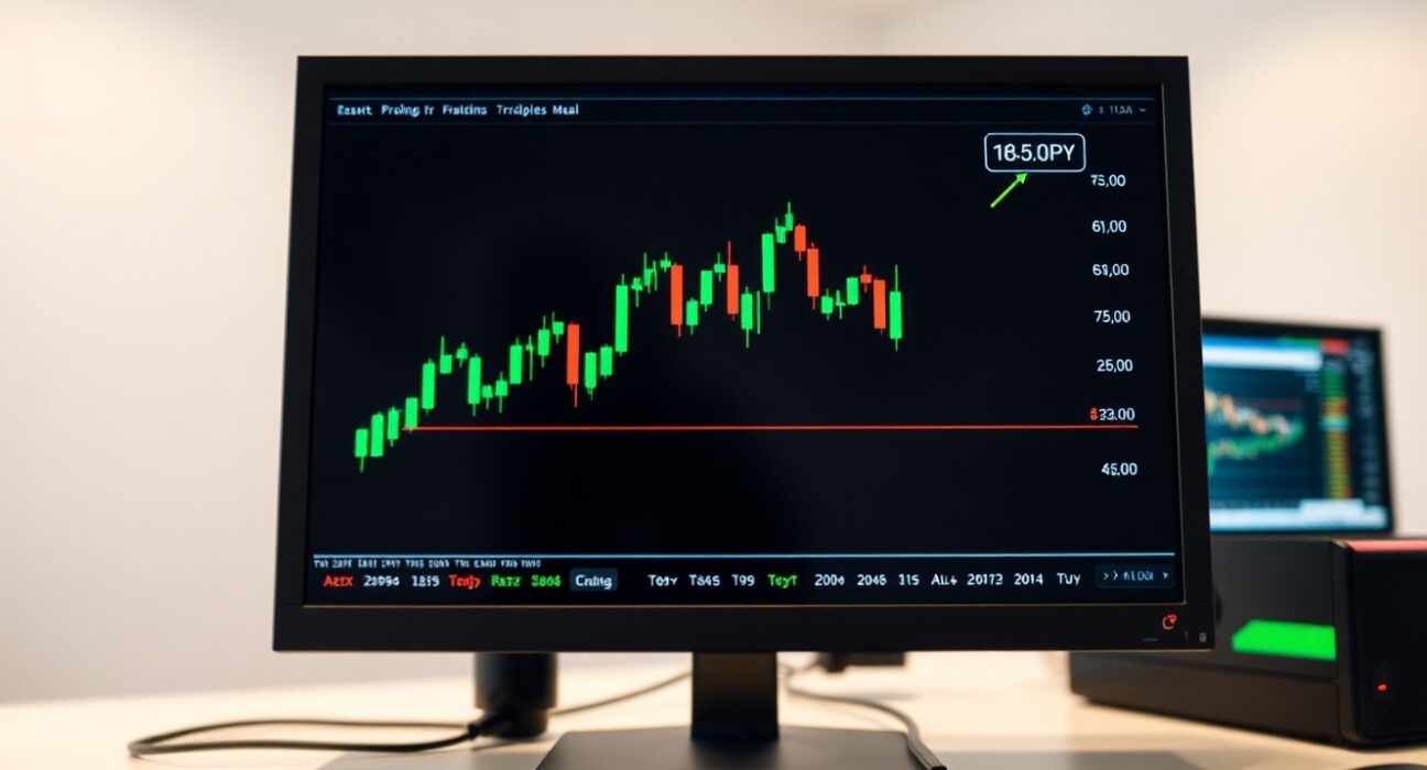 EUR/JPY candlestick chart showing bullish momentum near 185.00 level on a trading screen