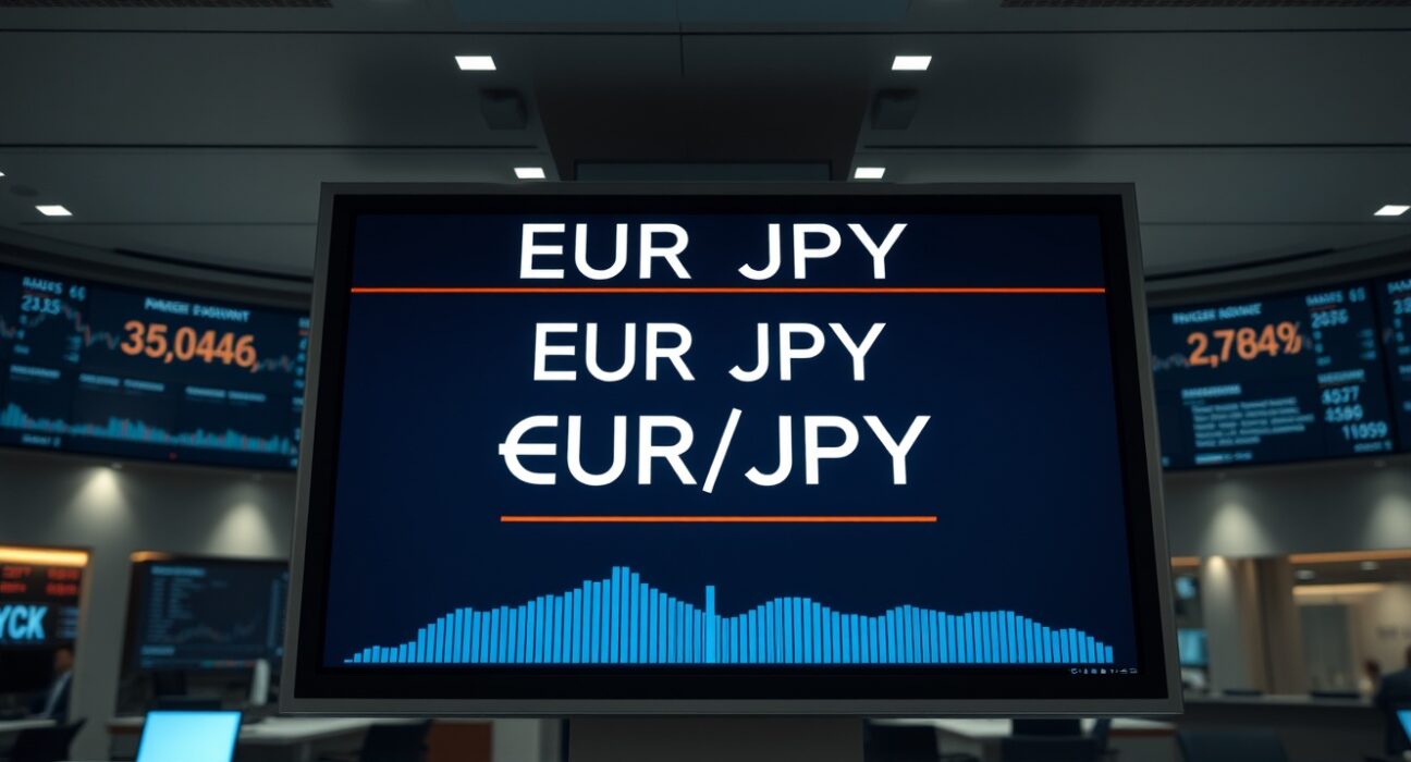 EUR/JPY currency pair displayed on a digital trading screen in a modern financial setting.