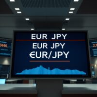 EUR/JPY currency pair displayed on a digital trading screen in a modern financial setting.