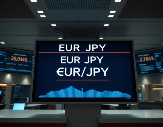 EUR/JPY currency pair displayed on a digital trading screen in a modern financial setting.