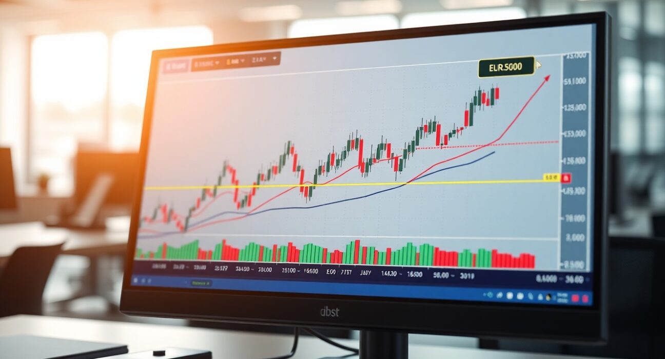 EUR/JPY currency chart showing rebound above 185.00 and moving averages on a trading monitor