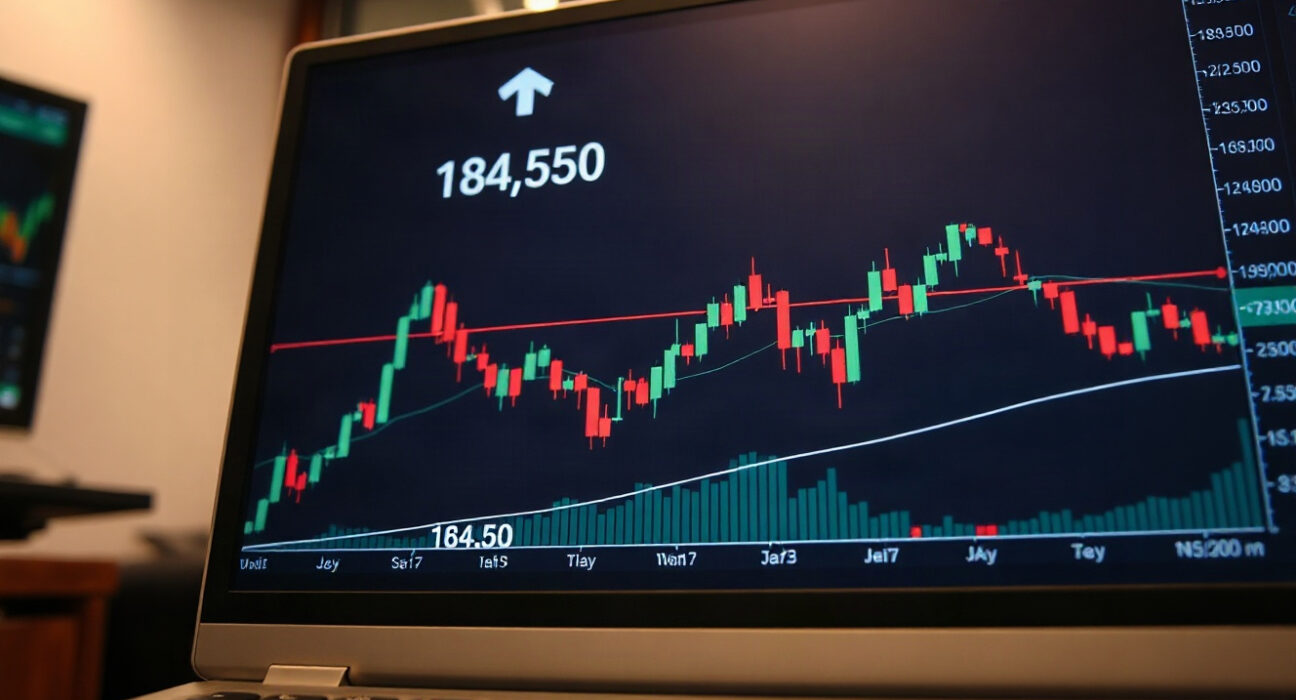 EUR/JPY candlestick chart showing price near 184.50 with downward trend below 100-day SMA