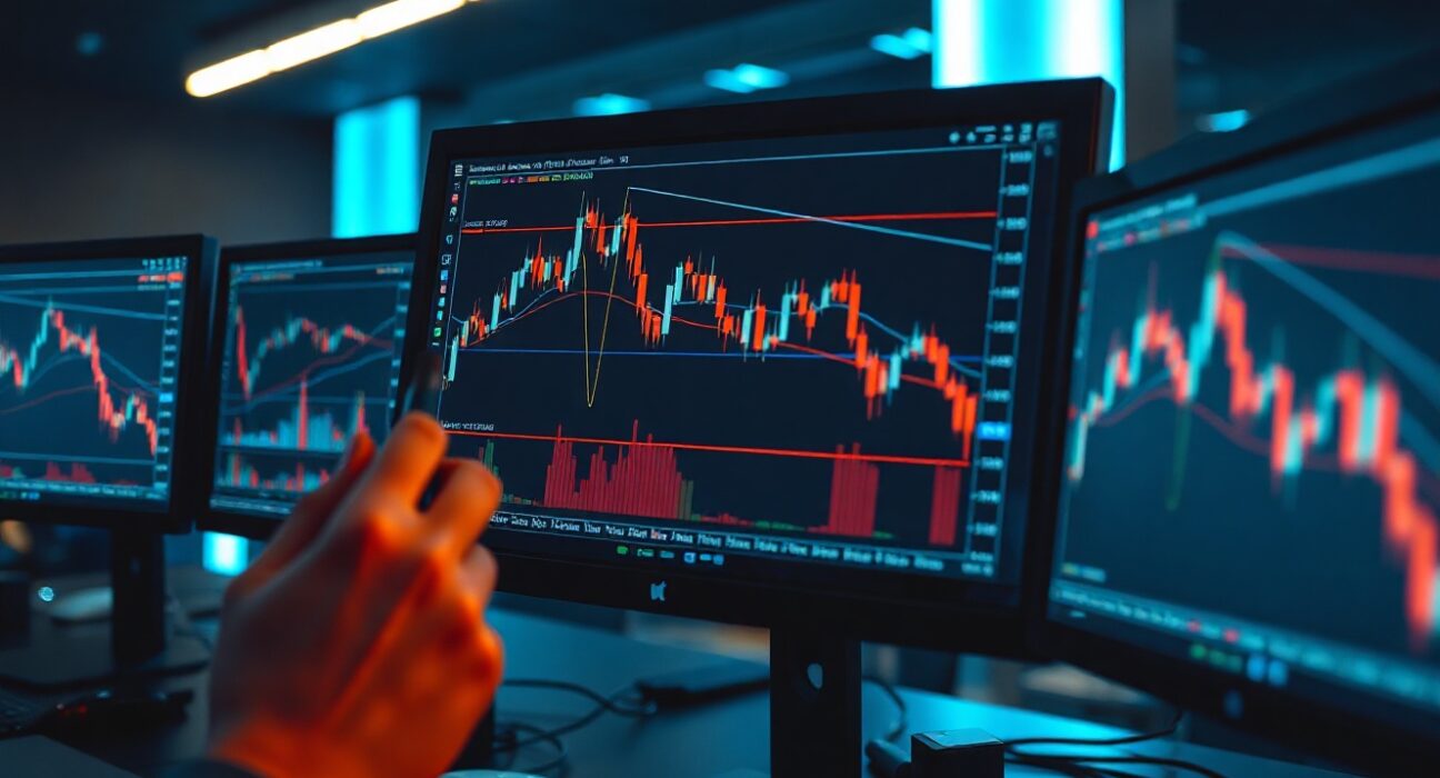 EUR/JPY symmetrical triangle chart pattern approaching support at 183.50 on trading monitors