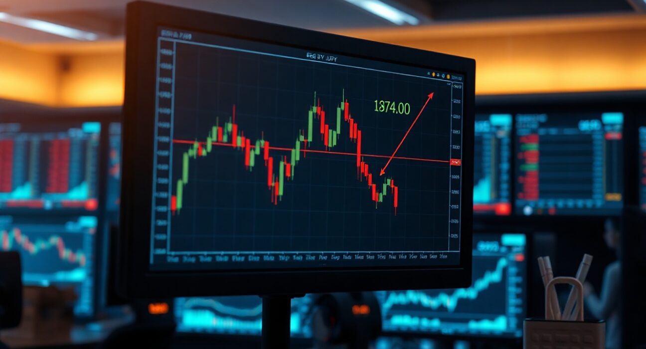 EUR/JPY candlestick chart showing a symmetrical triangle pattern and a rebound near 184.00 on a trading monitor