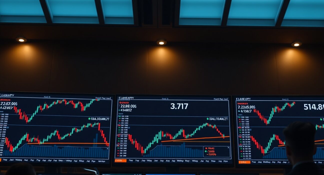 Trading screens showing EUR/JPY chart with upward trend after Bank of Japan policy decision