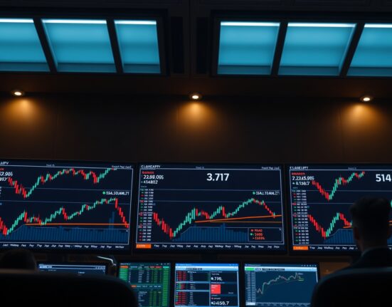 Trading screens showing EUR/JPY chart with upward trend after Bank of Japan policy decision