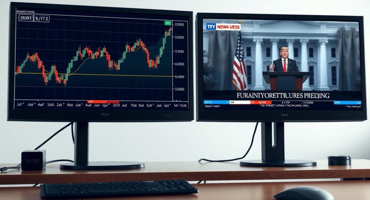 EUR/JPY currency chart rebound on trading desk monitors amid Trump's geopolitical news.