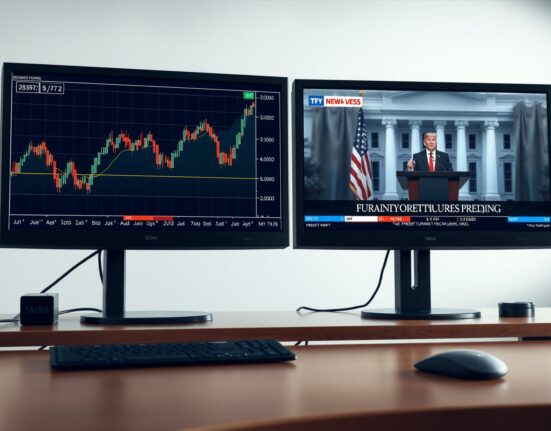 EUR/JPY currency chart rebound on trading desk monitors amid Trump's geopolitical news.