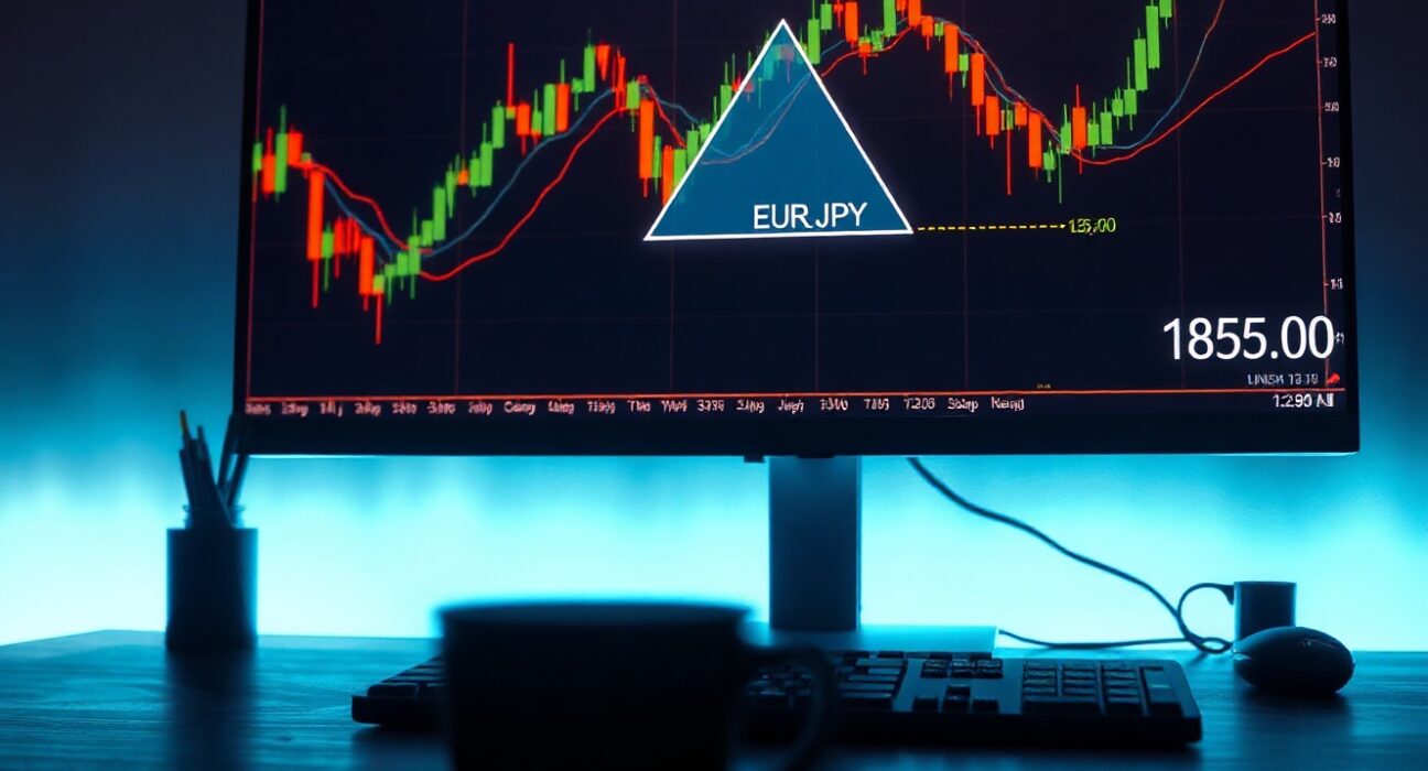 EUR/JPY candlestick chart showing symmetrical triangle pattern and price rebound near 185.00 level