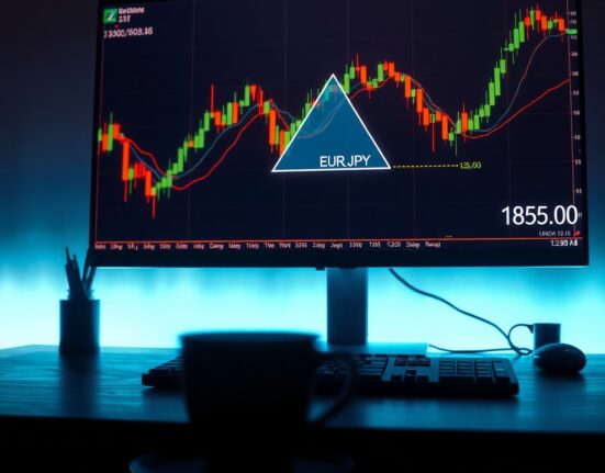 EUR/JPY candlestick chart showing symmetrical triangle pattern and price rebound near 185.00 level