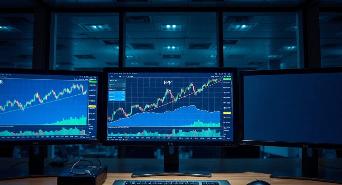 EUR/JPY currency pair chart on trading screens in a modern trading room