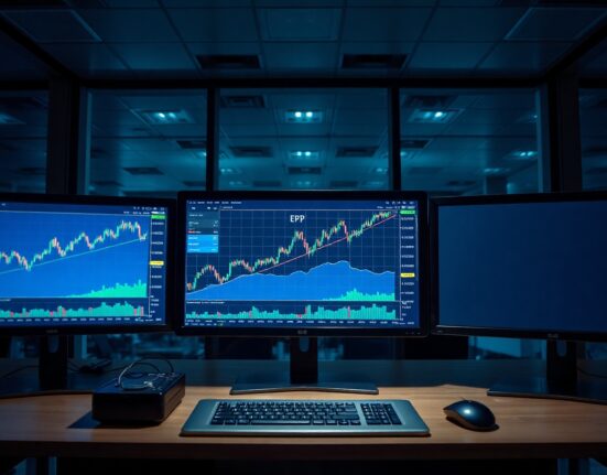 EUR/JPY currency pair chart on trading screens in a modern trading room
