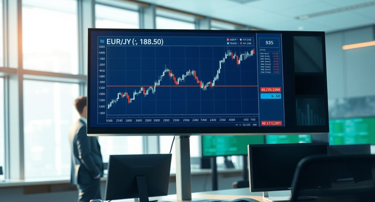 Forex trading chart showing the EUR/JPY exchange rate rising above 182.50 amid Iran conflict diplomacy.