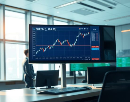 Forex trading chart showing the EUR/JPY exchange rate rising above 182.50 amid Iran conflict diplomacy.
