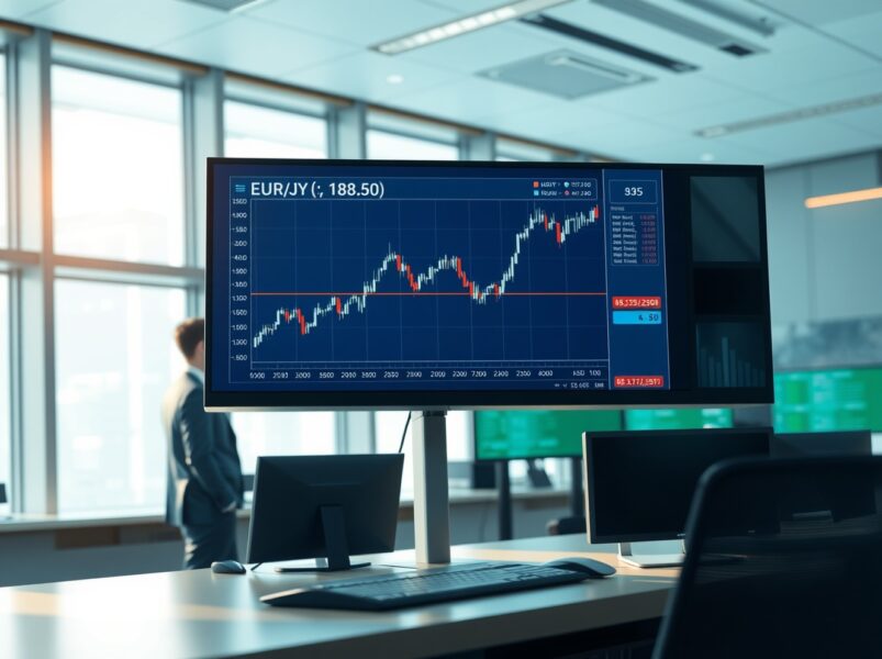 Forex trading chart showing the EUR/JPY exchange rate rising above 182.50 amid Iran conflict diplomacy.
