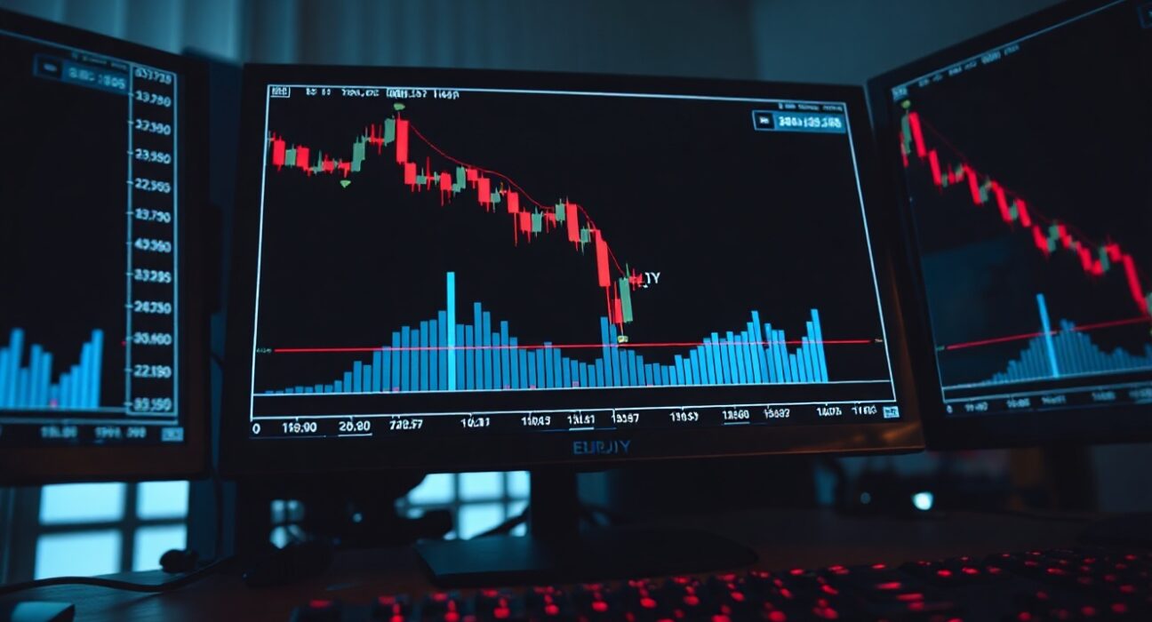 Forex trading screen showing EUR/JPY bearish chart with downward trend