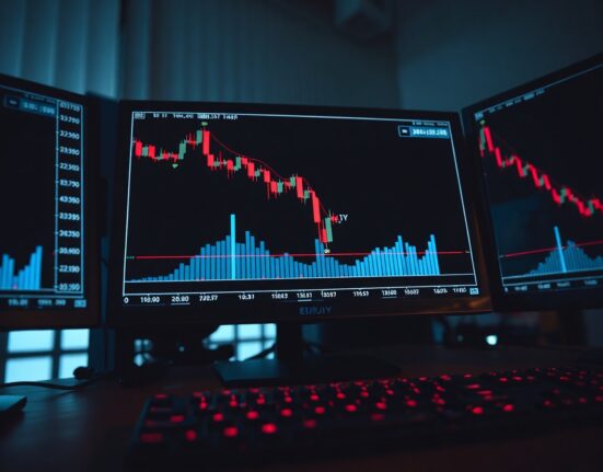 Forex trading screen showing EUR/JPY bearish chart with downward trend