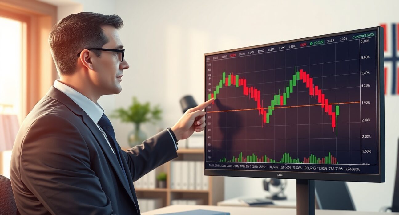 Financial analyst pointing at a downward EUR/NOK chart, illustrating Norges Bank policy impact on currency outlook.
