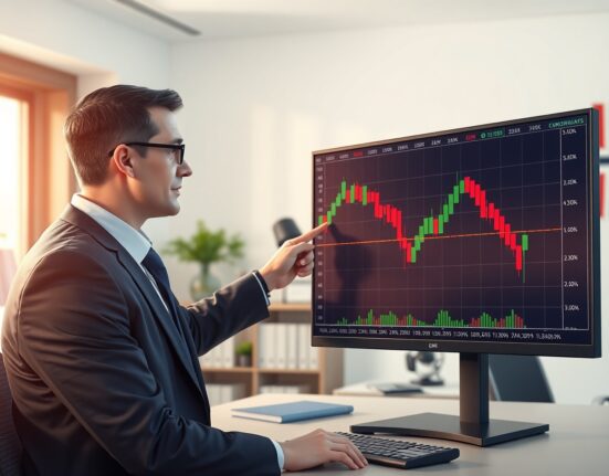Financial analyst pointing at a downward EUR/NOK chart, illustrating Norges Bank policy impact on currency outlook.