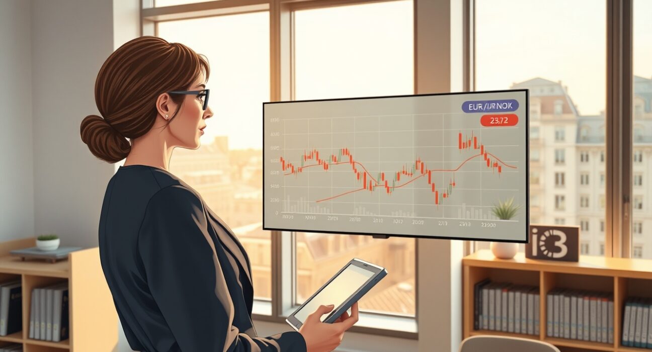 Financial analyst in Oslo reviews EUR/NOK chart data highlighting Norges Bank policy risks for the Norwegian Krone.