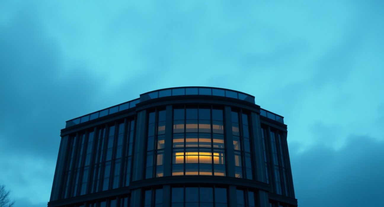 European Central Bank headquarters in Frankfurt at dusk with overcast sky, symbolizing economic uncertainty and mixed data.