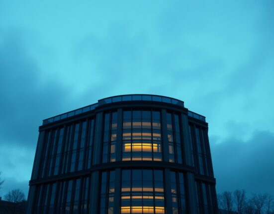 European Central Bank headquarters in Frankfurt at dusk with overcast sky, symbolizing economic uncertainty and mixed data.