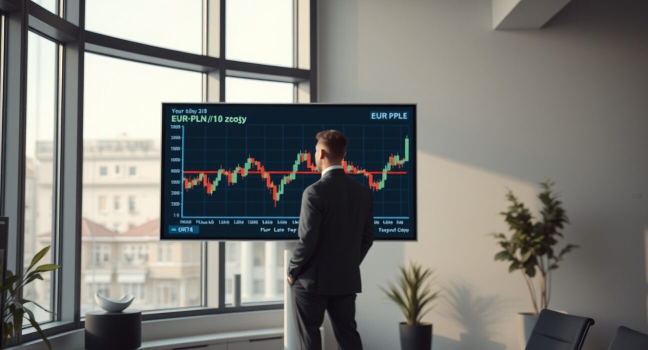 Financial analyst reviewing EUR/PLN chart in Warsaw office with downward trend visible