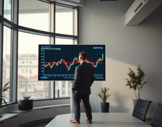 Financial analyst reviewing EUR/PLN chart in Warsaw office with downward trend visible