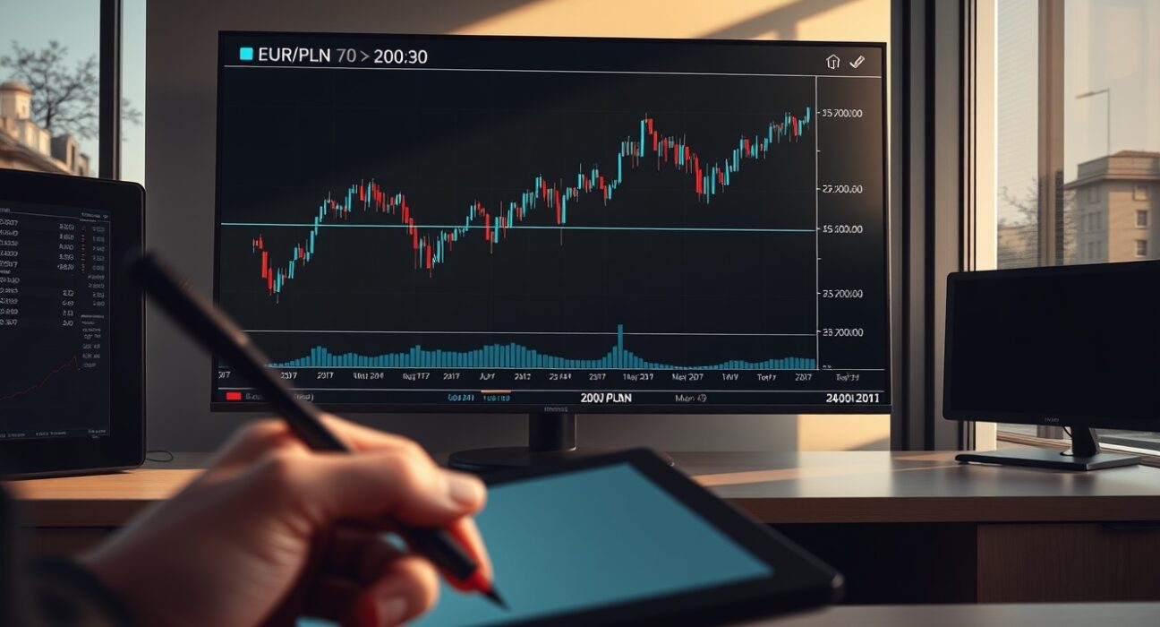 EUR/PLN forex chart showing range trading around the 200-day moving average, analyzed by Societe Generale.