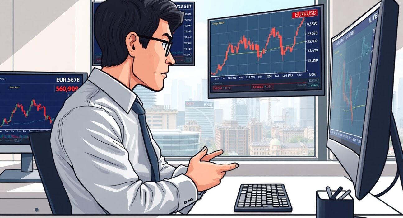 Financial analyst monitoring EUR policy repricing and energy shock risks on trading screens in Frankfurt