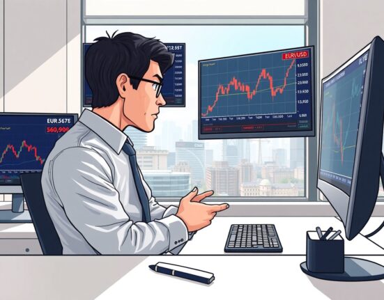 Financial analyst monitoring EUR policy repricing and energy shock risks on trading screens in Frankfurt