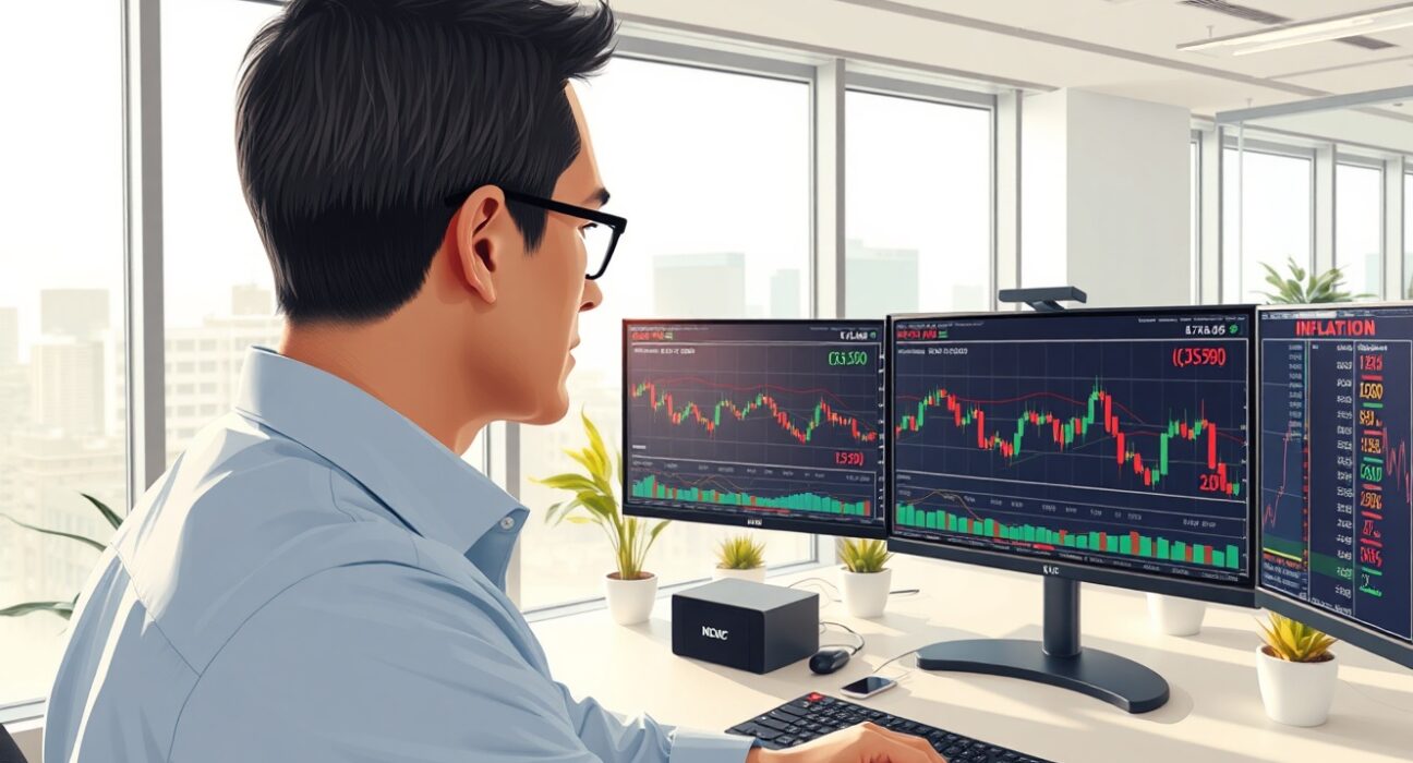 Financial analyst examines EUR currency charts showing inflation risk indicators in Rabobank market