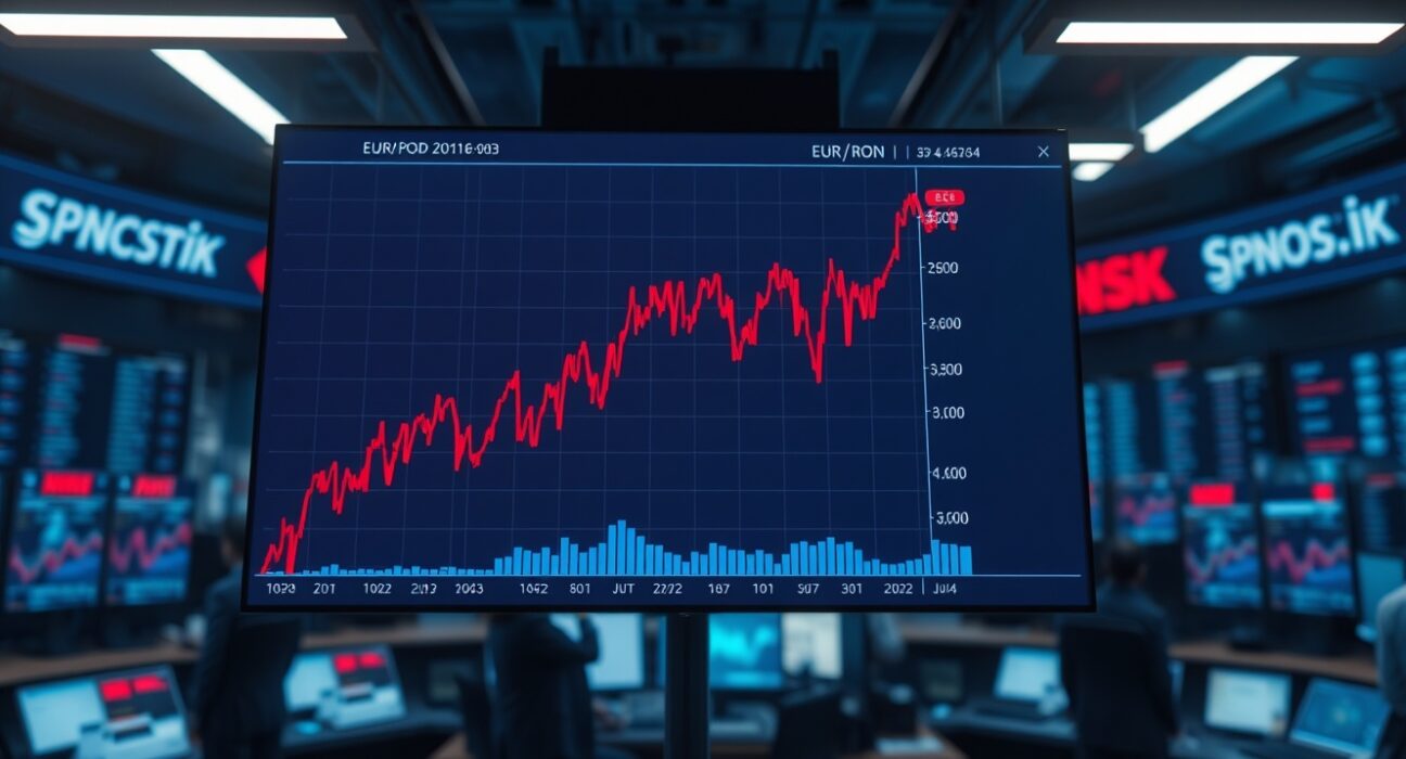 EUR/RON exchange rate chart showing volatility spike on trading floor monitors during Romanian political crisis