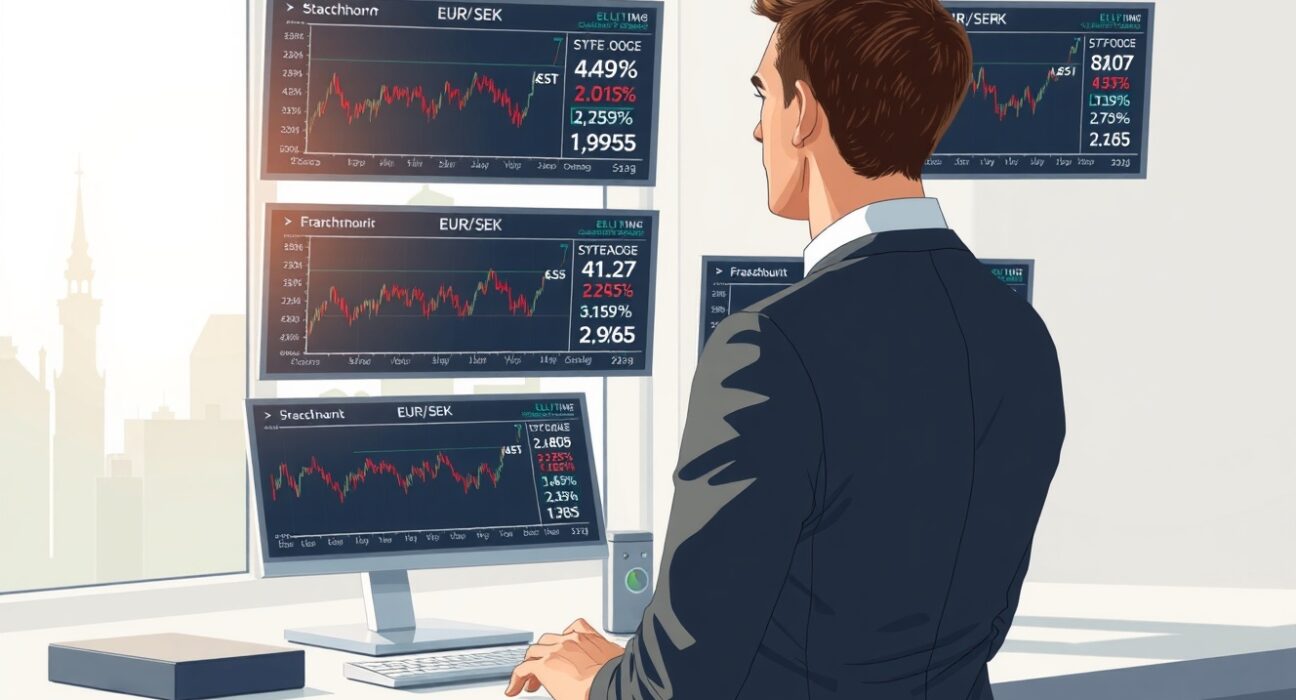 Financial analyst reviewing EUR/SEK exchange rate data and economic indicators in a professional setting.