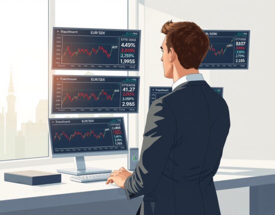 Financial analyst reviewing EUR/SEK exchange rate data and economic indicators in a professional setting.