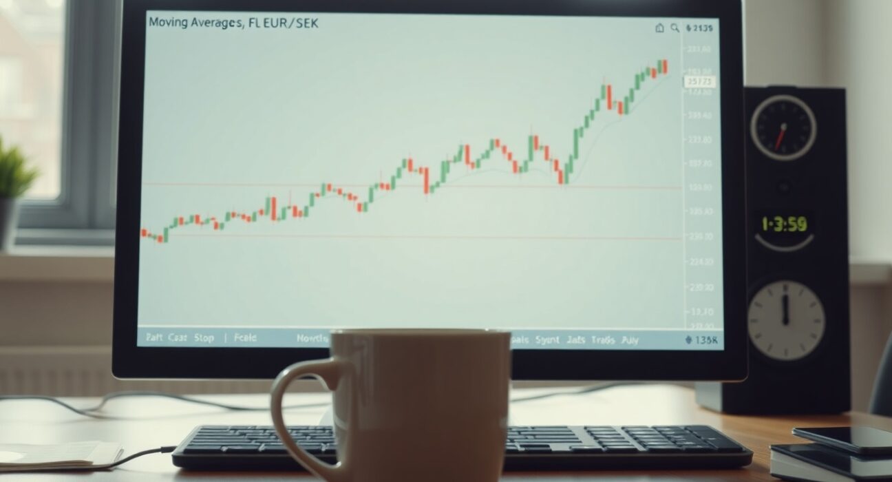 EUR/SEK candlestick chart on a computer monitor showing a rebound testing a key moving average