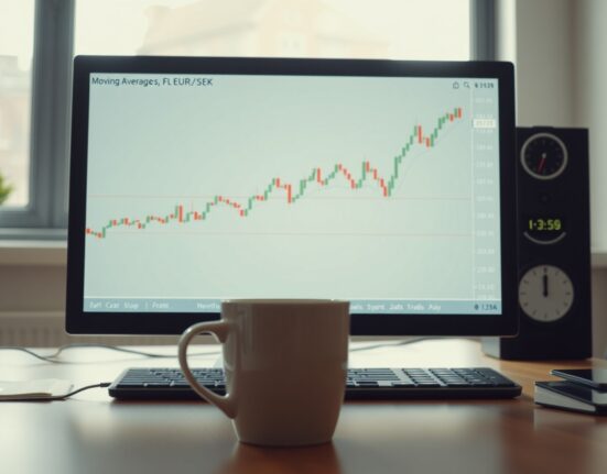 EUR/SEK candlestick chart on a computer monitor showing a rebound testing a key moving average